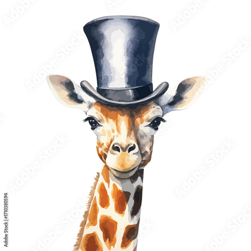 Giraffe portrait wearing a shiny gray top hat looking directly forward