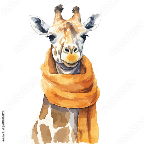 Giraffe Portrait with Orange Scarf Watercolor Style Front View