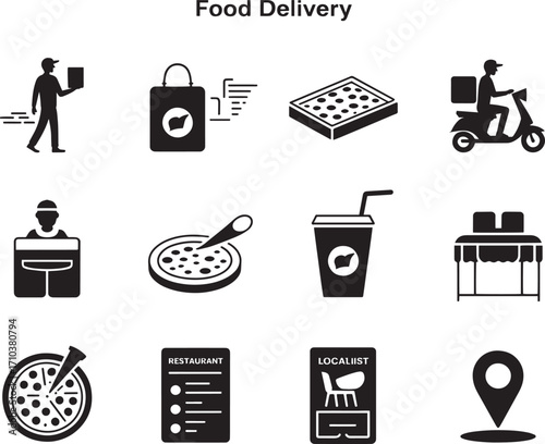Collection of Silhouette Icons Representing the Food Delivery Service Ecosystem from Order to Drop-off
