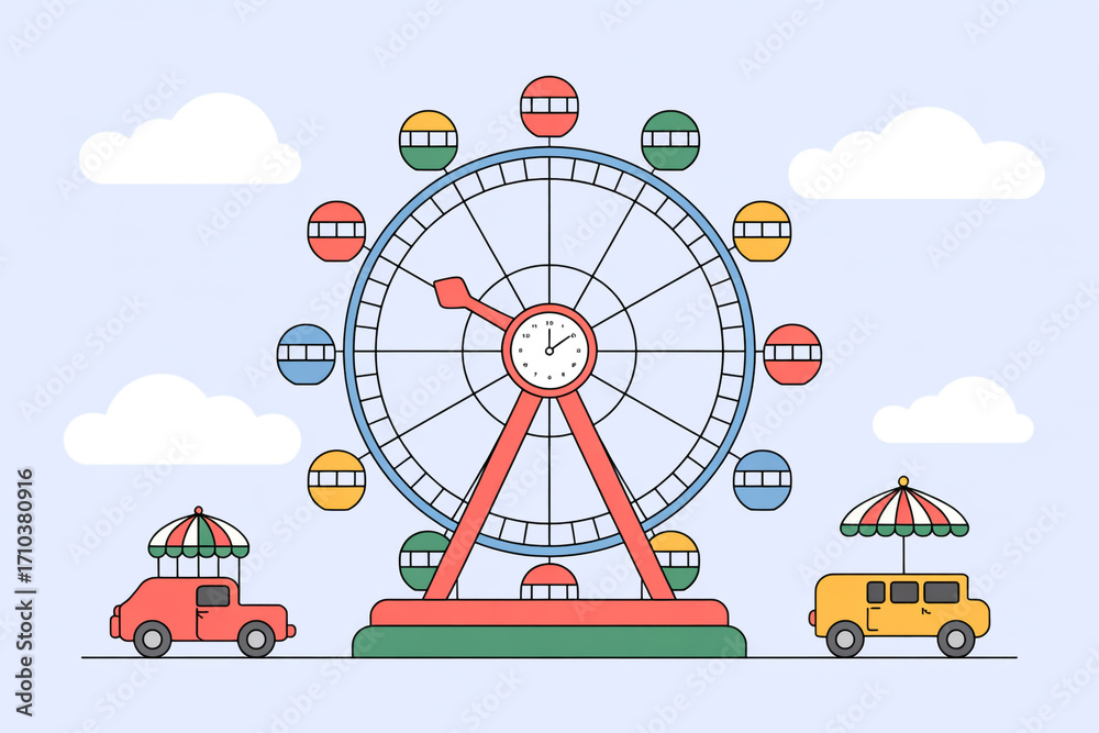 Fototapeta premium Ferris wheel and cars at amusement park isolated on white background the ferris wheel has colorful gondolas and a clock in the center