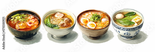 Vector illustration, set of Thai Tom Yum, watercolor painting, banner.
