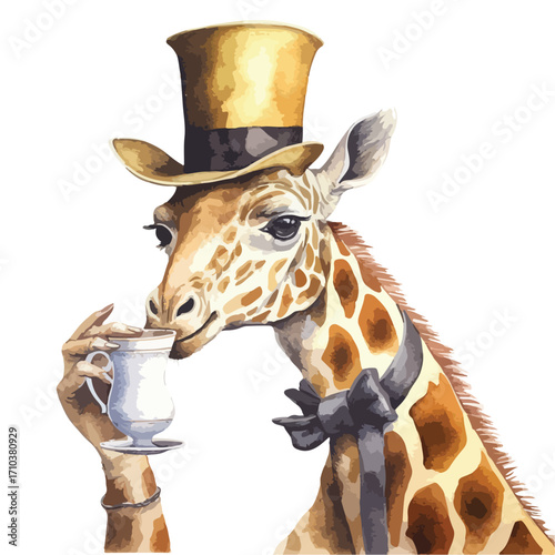 Giraffe with Top Hat Sipping Tea from a Delicate Cup Bowtie Detail