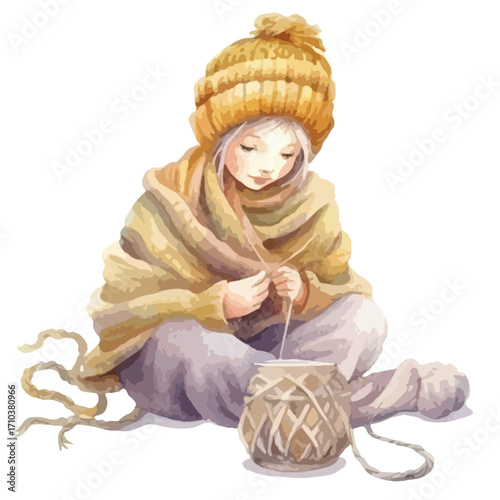 Girl in Yellow Knit Cap Knitting with Yarn Ball Wrapped in Shawl