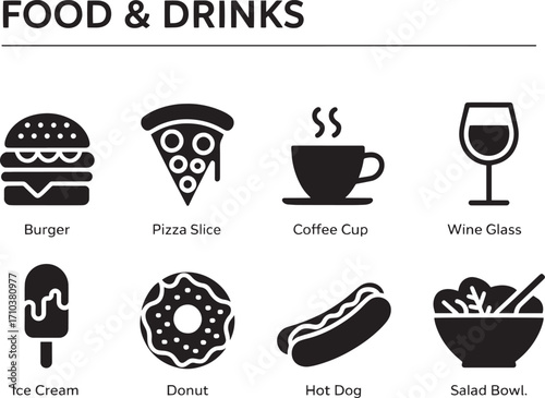 A Collection of Diverse Silhouette Icons Representing Various Food and Beverage Items Perfect for Culinary Themed Designs and Menus