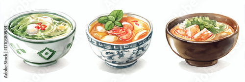 Vector illustration, set of Thai Tom Yum, watercolor painting, banner.