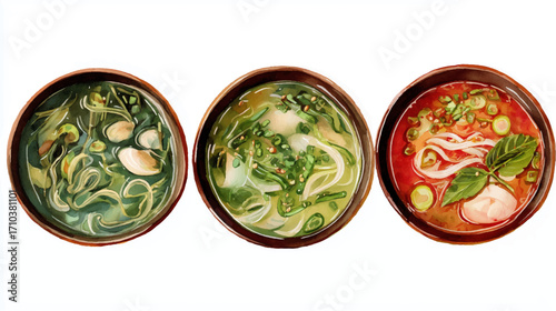 Vector illustration, set of Thai Tom Yum, watercolor painting, on white background