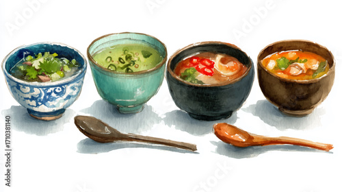 Vector illustration, set of Thai Tom Yum, watercolor painting, on white background