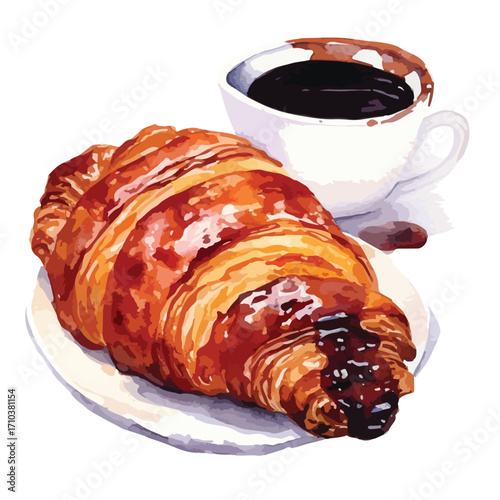 Jamfilled croissant and steaming coffee cup on a small plate breakfast still life