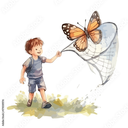 Joyful Boy Catching Monarch Butterfly in Net