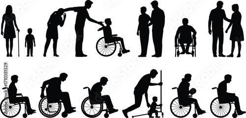 Black silhouette people with disabilities, wheelchairs, caregiving, assistance, inclusion, accessibility, family support, disability awareness, independence, human connection illustration