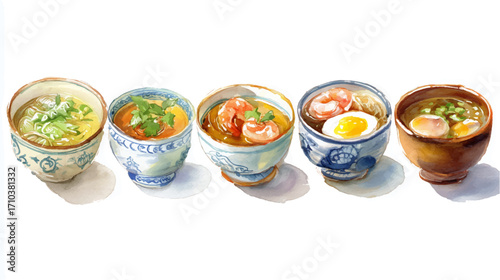 Vector illustration, set of Thai Tom Yum, watercolor painting, on white background