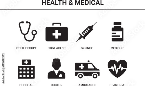 Collection of Silhouette Icons Representing Health and Medical Concepts for Digital and Print Applications
