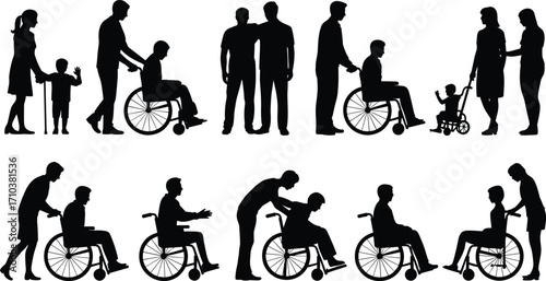 Black silhouette people with wheelchairs, caregiving, assistance, companionship, accessibility, inclusive design, family support, disability awareness, human connection illustration