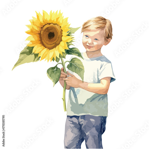 Joyful Young Boy Tenderly Holding a Large Sunflower