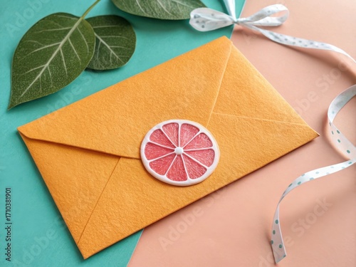 Bright orange envelope adorned with a citrus slice sticker and tied with ribbon