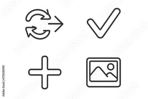 Universal UI icon collection. Repeat arrow, checkmark, plus sign, and image gallery outline symbols. Minimalist vector graphic pack for web and app design. Editable stroke.