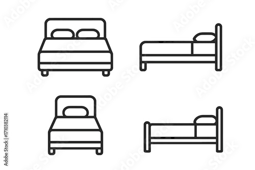 Bed icon set. Line art pictogram. Single, double bed symbol. Sleep, rest, dream concept. Hotel, motel, booking, accommodation sign. Bedroom furniture. Editable stroke vector.