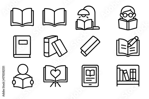 Book and reading outline icon set. Vector line art collection for education and learning. Symbols for library, literature, study, knowledge, e-book, reader, and bookshelf.