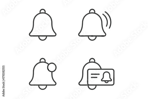 Notification bell line icon set. Ringing alert, new message, and subscription reminder symbols. Vector outline icons with editable stroke for web and mobile app UI.