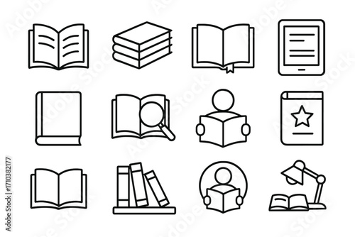 Book and reading outline icon set. Vector collection of line symbols for education, library, and literature. Includes ebook, study lamp, and research magnifier icons.