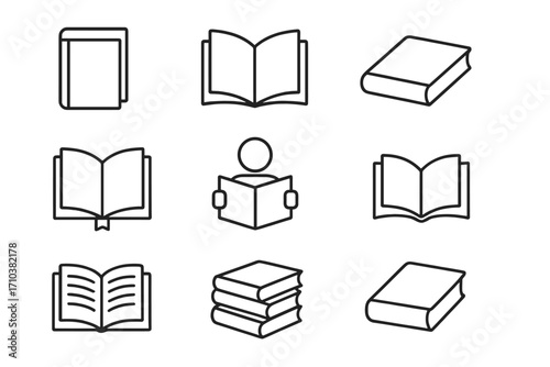 Set of book icons in thin line style. Reading, library, education, and learning concept. Vector graphic for literature, study, knowledge, school, university, bookstore.