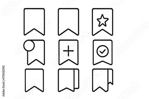 Bookmark icon set outline vector. Save for later symbol collection. Add to favorites with star, plus, and check mark. UI UX web design element. Tag and label pictogram pack.
