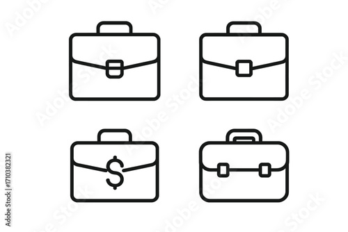 Briefcase line icon set. Business suitcase, portfolio symbols. Financial concept with money bag and dollar sign. Editable stroke vector icons for web, UI, UX, app.