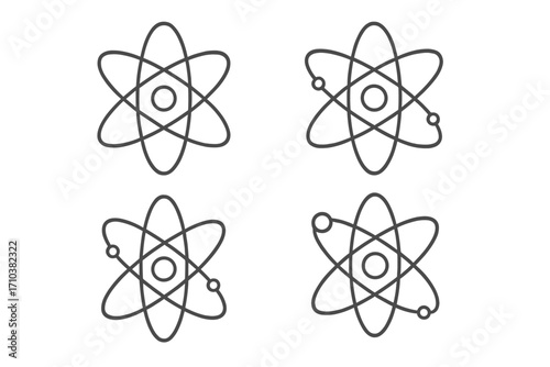 Atom icon set science symbol. Physics chemistry concept. Nuclear energy atomic structure illustration. Electron orbit around nucleus. Particle molecule model. Vector line art.