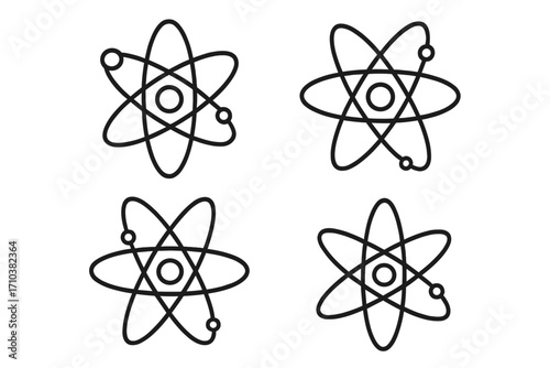 Atom icon set with editable stroke. Science symbol collection. Physics, chemistry, nuclear energy concept. Electron orbits nucleus. Vector line art for web, apps, education.