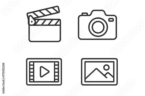 Photography and video production line icon set. Camera, clapperboard, movie play button, picture gallery symbols. Minimal outline pictogram collection for web. Editable stroke.