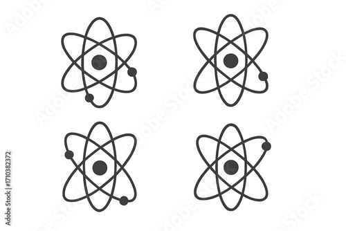 Atom icon set. Science symbol collection. Physics, chemistry, nuclear energy concept. Vector illustration of atomic model with nucleus, electron, particle orbit for technology logo.