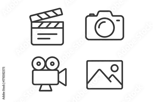 Cinema and photography line icon set. Clapperboard, photo camera, movie camera, picture icon. Vector pictogram for video production, filmmaking, app and web design. Editable stroke.