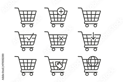 Shopping cart icon set for e-commerce and online store. Add to cart, remove, checkout, sale tag, web shopping symbols. UI UX line icons for website and mobile app vector.