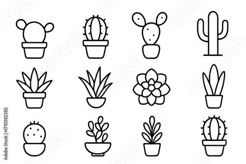 Cactus and Succulent Outline Icon Collection, Minimal Linear Vector Set, Editable Stroke, Cartoon Houseplants in Pots, Simple Monochrome Modern Clipart for Web, Apps, Cards, Botanical Doodle Design