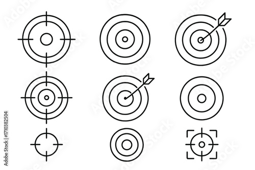 Target icon set for business goals and marketing strategy. Aim, focus, and accuracy concept. Bullseye with arrow for success and achievement. Vector line icons for web and UI.