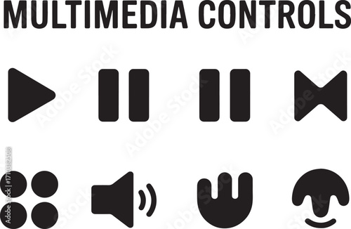 A Collection of Essential Multimedia Playback and Control Icons Featuring Play Pause Skip Stop Volume and Menu Symbols for Digital Interfaces
