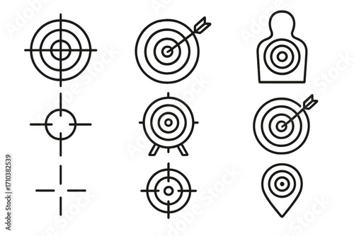 Target and goal line icon set. Vector illustrations of crosshairs, bullseye, arrow for business strategy, marketing focus, achievement, aim, precision, and success.