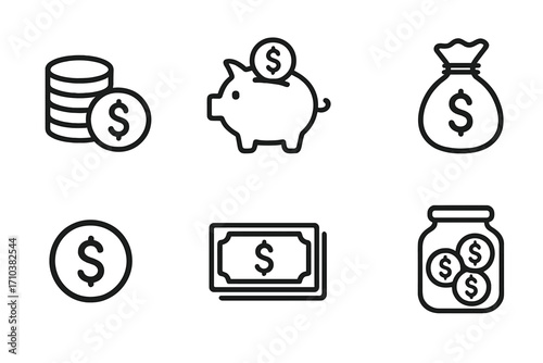 Money savings line icon set. Finance, investment, banking symbols. Piggy bank, dollar coin, cash, moneybag outline vector illustration. Editable stroke for web and app design.