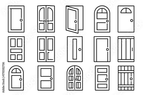 Door icon set. Thin line collection of house entrance & exit symbols. Architecture elements for home & buildings. Open, closed, front doors. Vector graphic with editable stroke.