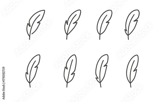 Feather line icon set. Thin outline quill symbols. Editable stroke vector illustration for web design, logos, apps. Concept of lightness, softness, writing, boho style.