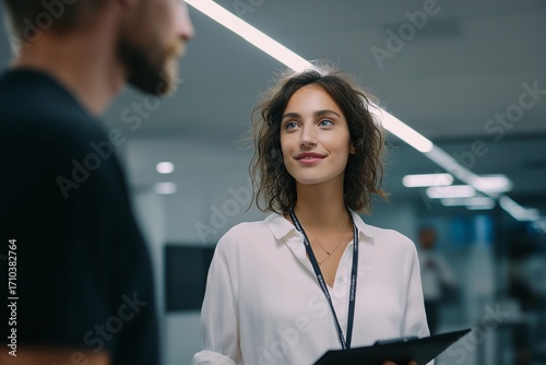An employee chatting with a colleague in the company office. Work-related conversations and paperwork. AI-generated.