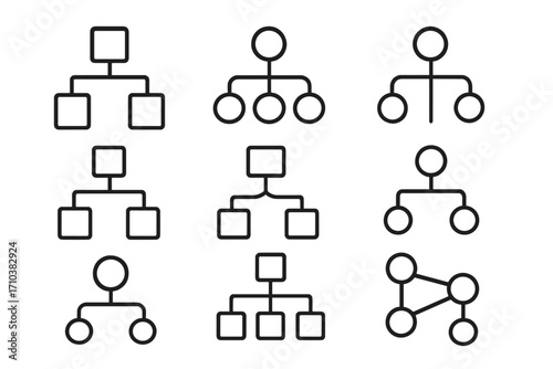 Hierarchy line icon set. Business organization chart, corporate structure, and workflow diagram symbols. Team leadership, management, and network connection concepts. Vector.