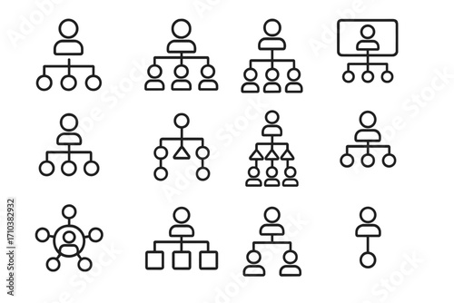 Hierarchy icon set. Business organization and corporate structure. Management, leadership, teamwork concept. Vector line icons for web and apps. Editable stroke flowchart symbols.