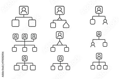 Hierarchy line icon set. Business organization chart pictogram. Corporate structure for teamwork, management, leadership. Vector flowchart for workflow and reporting.