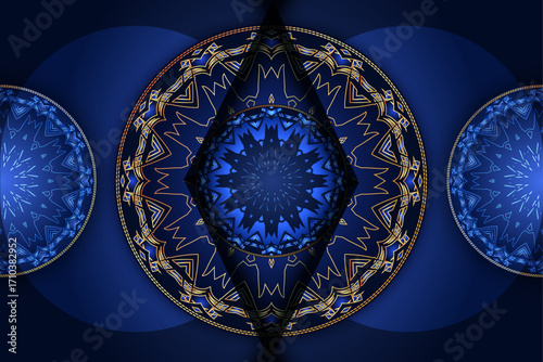 Symmetrical mandala artwork with golden floral patterns and central blue star geometric core
