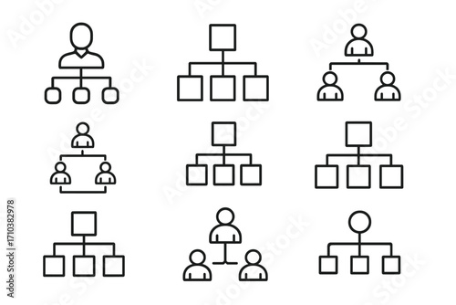 Hierarchy icon set for business structure and organization chart. Thin line vector icons for management, leadership, and teamwork. Corporate workflow, company tree concept.