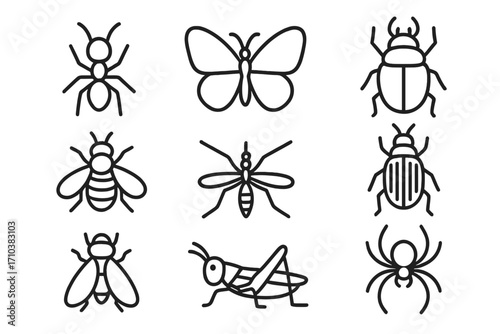 Insect line icon set. Collection of simple outline symbols for web design. Vector bugs illustration pack includes ant, butterfly, beetle, bee, mosquito, fly, grasshopper, spider.