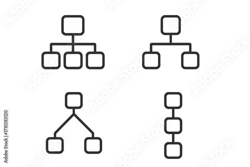 Organization chart line icon set. Business hierarchy and corporate structure diagrams. Company flowchart and workflow symbols for management and sitemap infographic elements.