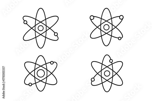 Atom icon collection. Science symbol set. Physics, chemistry, nuclear energy concept. Electron orbit, nucleus particle structure. Atomic molecule model. Line art vector logo.