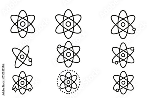 Atom icon set. Science symbol collection. Physics, chemistry, nuclear energy concepts. Vector line art illustration of atomic structure, nucleus, and electron orbits. Editable stroke.